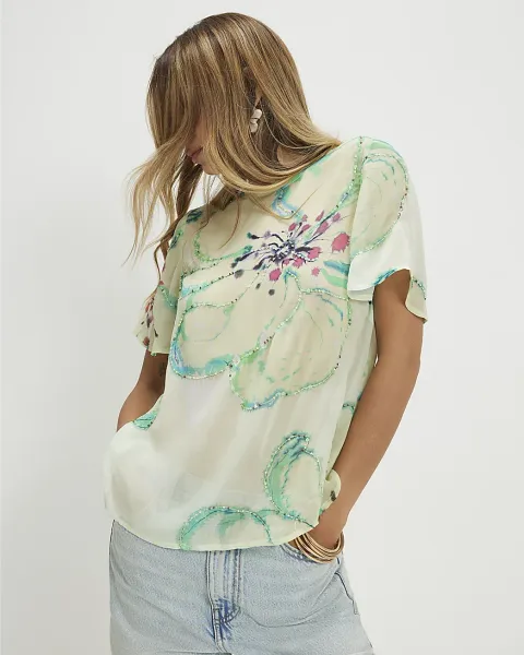 River Island Short Sleeve Blurred Floral Print Top