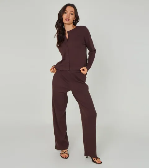 Women's Brown Long Sleeve Button Front Top