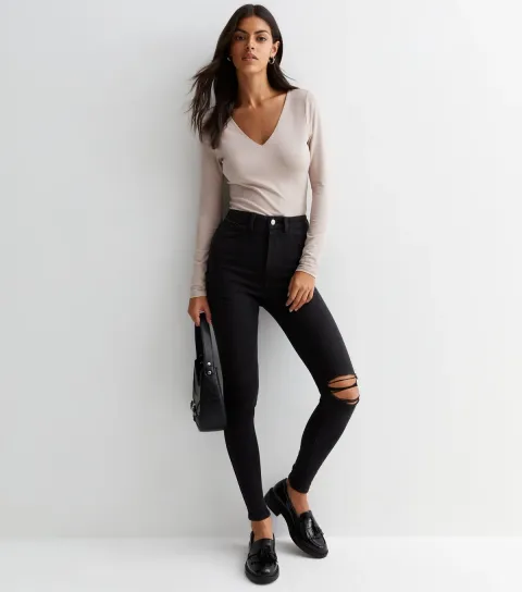 New Look Women's Washed Black High Waist Hallie Ripped Knee Skinny Jeans