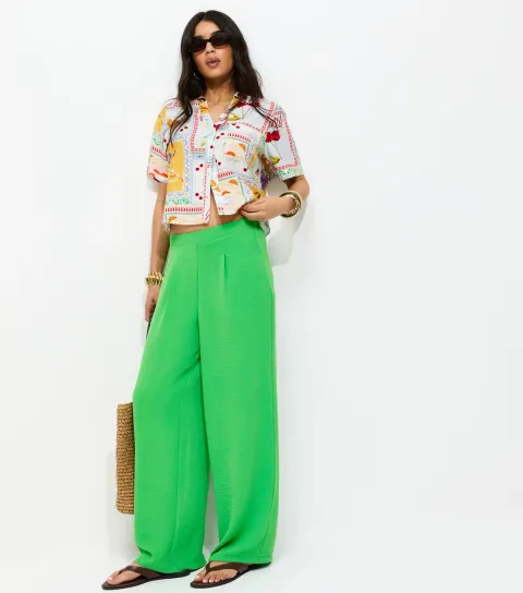 Women's Green Loose Fit Wide Leg Trousers