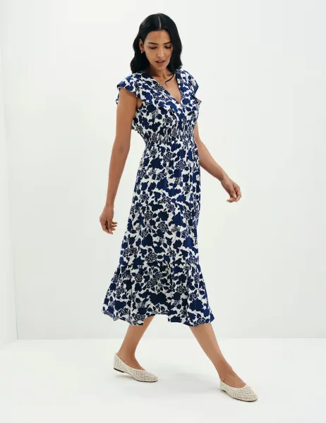 Finery London Voile Printed V-Neck Midi Tiered Dress Navy Mix
