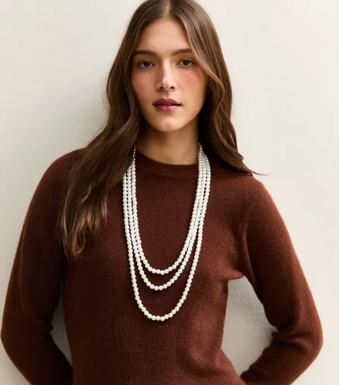Cream 3 Strand Long Faux Pearl Necklace