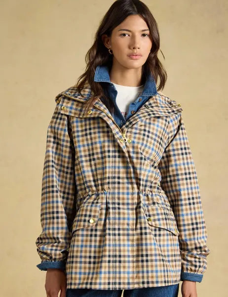 Joules Waterproof Checked Packaway Raincoat Brown Mix