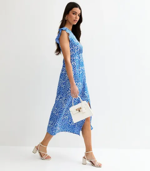 Women's Blue Floral Flutter Sleeve Midi Dress