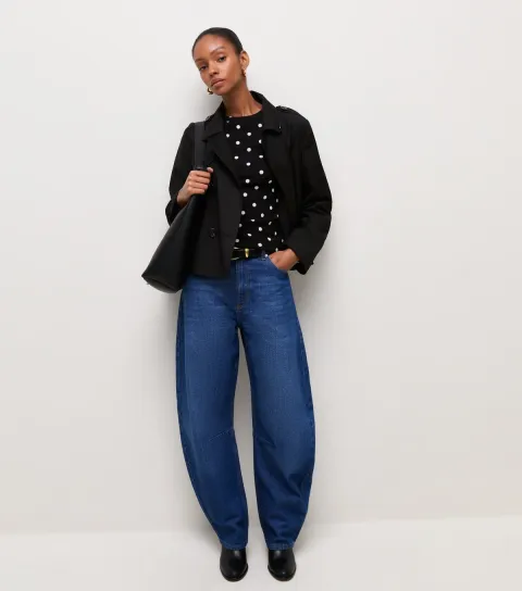 Women's Black Cotton Rich Ribbed Polka Dot Long Sleeve Top