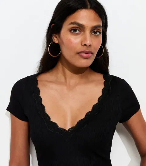 Women's Black V Neck Lace Trim Top