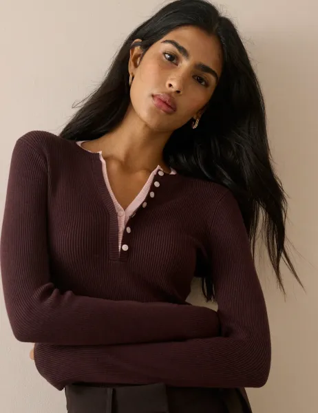 Nobody's Child Double Layered Fitted Henley Top Brown