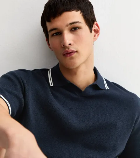 Men's Navy Contrast Stripe Knitted Polo Shirt