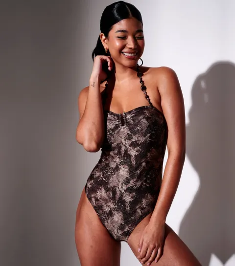 Women's Brown Snake Print Beaded Halterneck Swimsuit