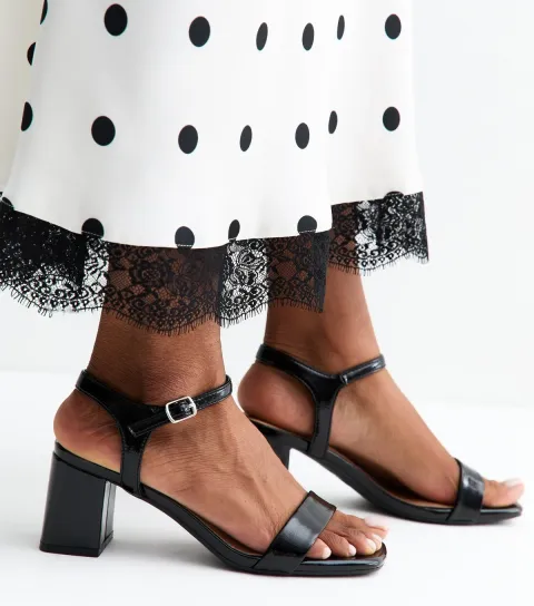 New Look Women's Black Patent Faux Leather Block Heel Sandals Vegan