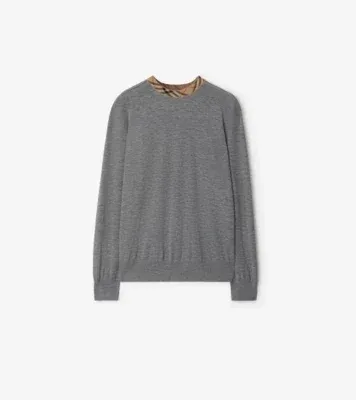 Check Trim Wool Sweater in Grey