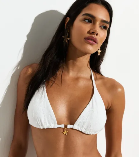 Women's White Starfish Jacquard Triangle Bikini Top