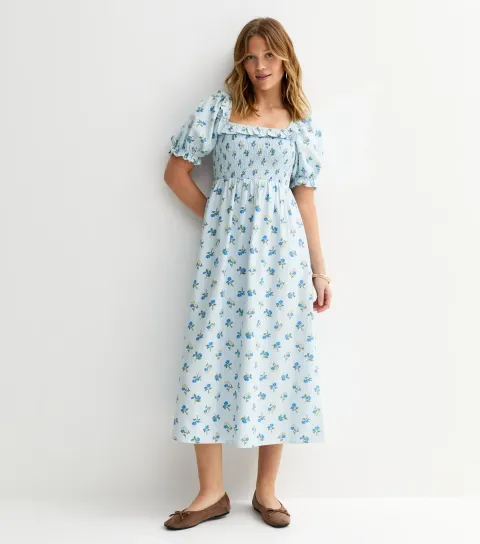 Women's Blue Floral Print Shirred Frill Trim Midi Dress