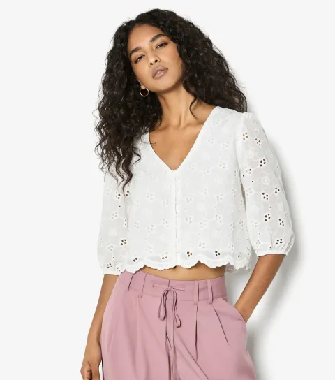 Women's White Cotton Broderie Anglaise Button Through Blouse