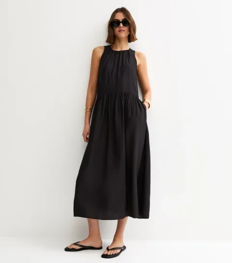 Women's Black Drop Waist Sleeveless Midi Dress