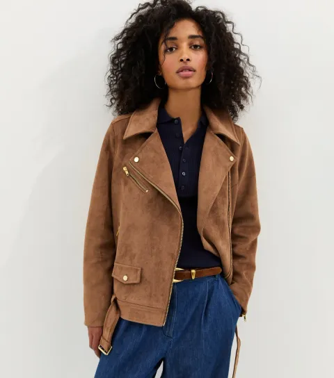 Women's Tan Oversized Faux Suede Biker Jacket