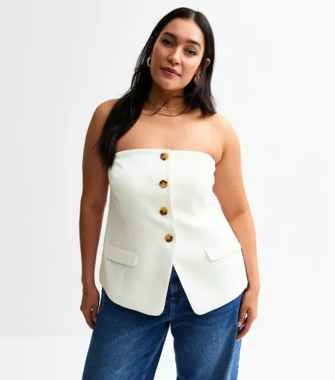 Women's Plus Size White Button Front Bandeau Waistcoat Top Curves
