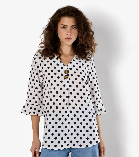 Women's White Polka Dot 2 Button Top