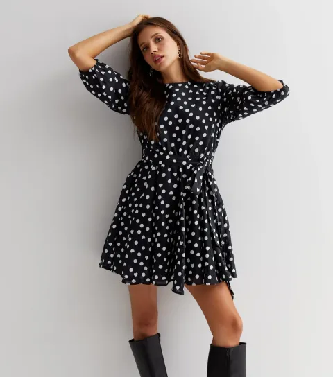 Women's Blue Heart Spot 3/4 Puff Sleeve Mini Dress