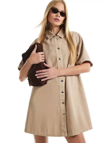 River Island Cord Button Front Mini Smock Dress