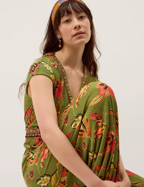 Monsoon Jersey Floral Short Sleeve Wide Leg Jumpsuit Green Mix