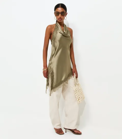 Women's Dark Khaki Satin Lace Trim Asymmetric Hem Cowl Neck Top