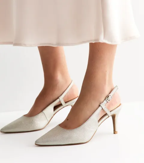 Women's Wide Fit Silver Faux Leather Shimmer Slingback Court Shoes
