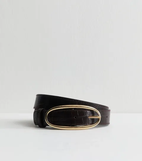 Dark Brown Faux Leather Croc Embossed Oval Buckle Belt