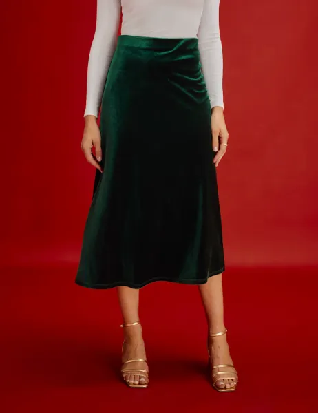 Finery London Velvet Midi Slip Skirt Green