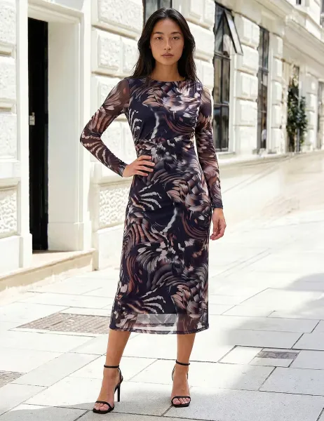 Roman Petite Abstract Mesh Midi Dress Brown Mix