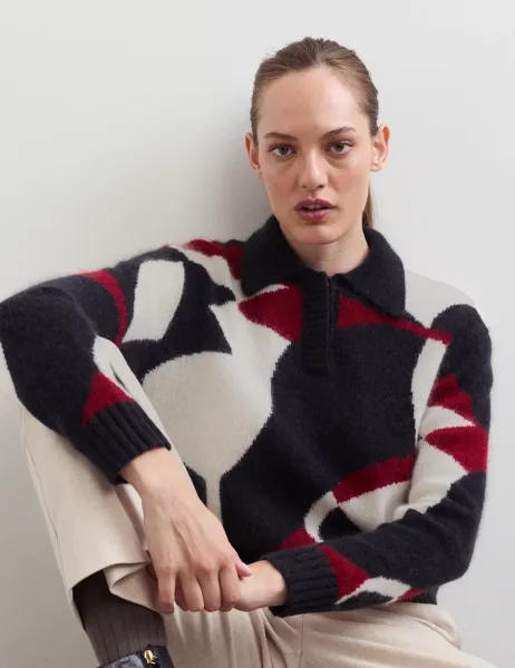 Jaeger Mohair and Wool Blend Jacquard Polo Jumper Black Mix