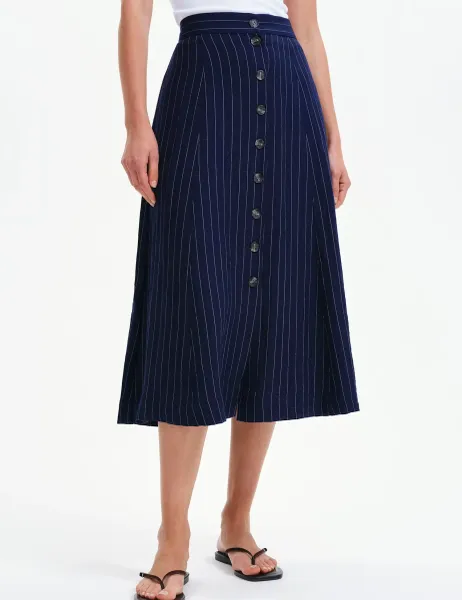 Finery London Striped Button Front Midi A-Line Skirt Navy Mix