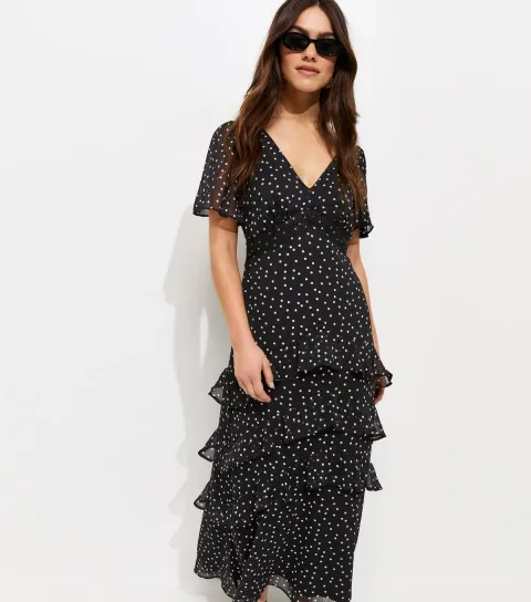 Women's Petite Black Polka Dot Chiffon Tiered Tea Maxi Dress