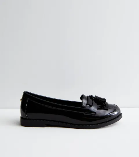 Women's Black Patent Tassel Trim Loafers Vegan