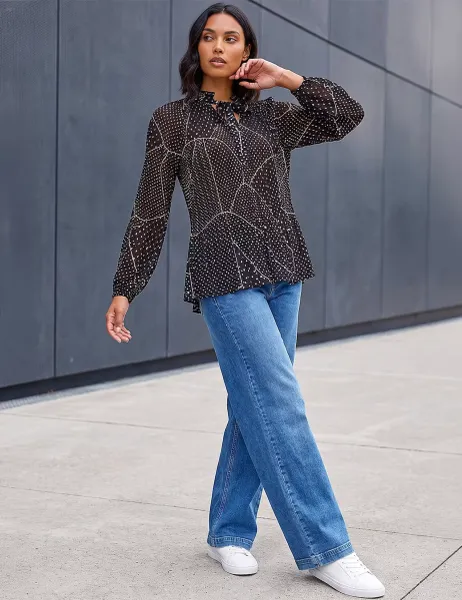 Roman Polka Dot Tie Neck Pleated Top