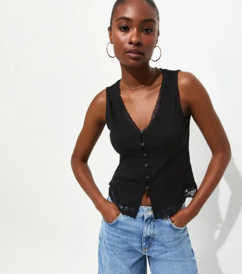 New Look Women's Black Lace Trim Button Up Rib Vest