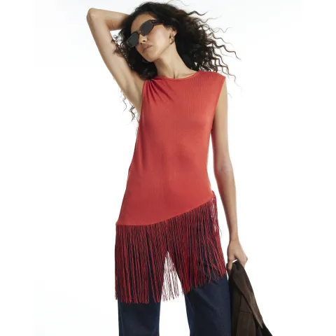 River Island Sleeveless Fringe Asymmetric Top
