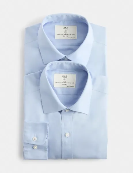 Marks & Spencer Ultimate 2 Pack Slim Fit Non Iron Shirts Blue Mix