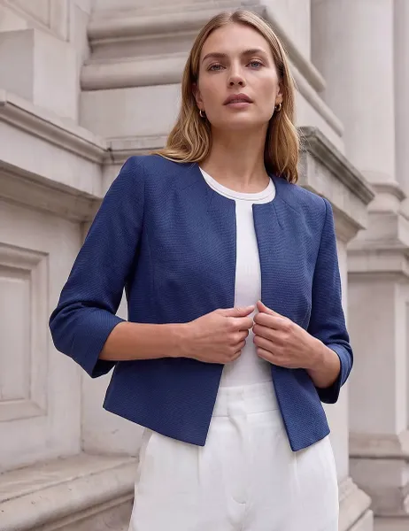 Roman Textured Cropped Tailored Jacket Navy