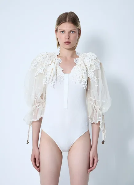 Puff-Sleeve Bodysuit With Lace Detail