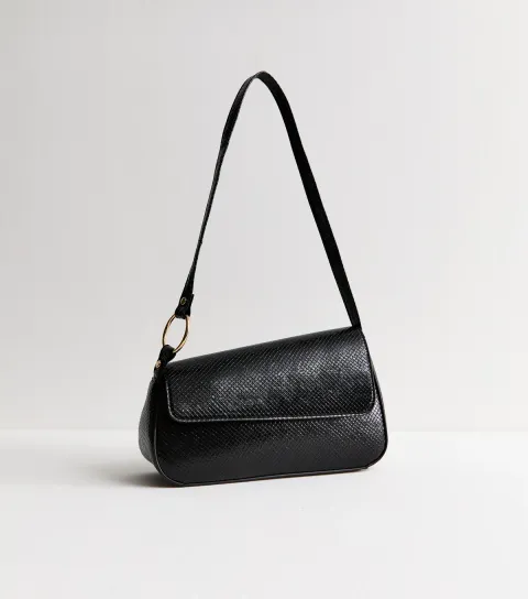 Black Textured Faux Leather Asymmetric Shoulder Bag Vegan