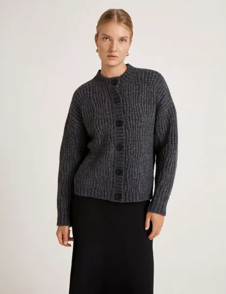 Finery London Ribbed Crew Neck Button Front Cardigan Grey