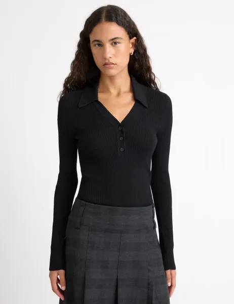 Albaray Ribbed V-Neck Button Detail Top Black