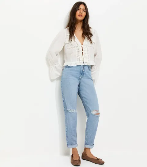 Women's Blue Ripped Textured Mom Tori Jeans