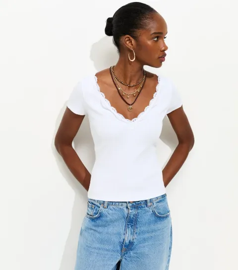 Women's White V Neck Lace Trim Top