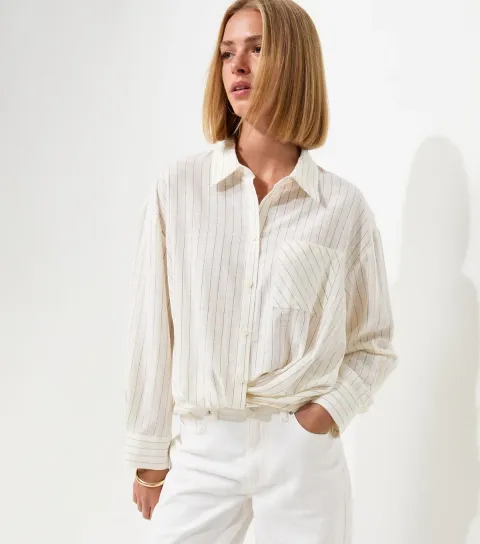 Women's Cream Cotton Rich Striped Twist Front Long Sleeve Shirt