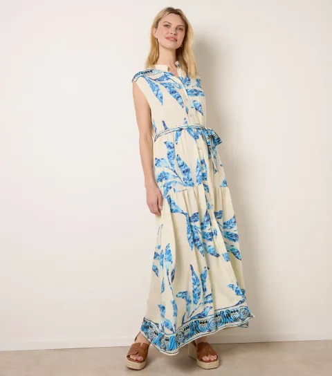 Blue Vanilla Women's Blue Leaf Print Sleeveless Midi Dress
