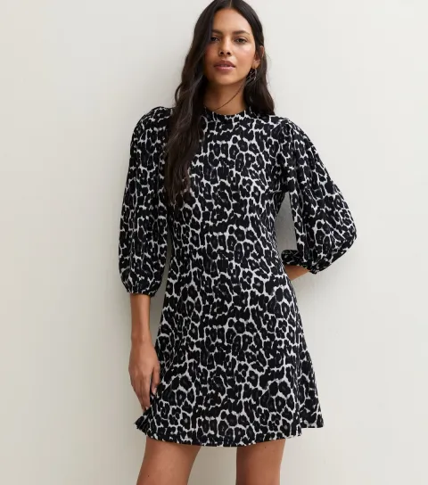 New Look Women's White Leopard Print High Neck Puff Sleeve Mini Dress
