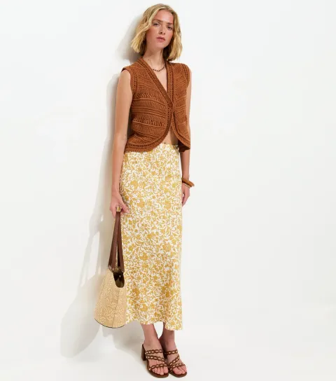 Women's Yellow Linen Blend Floral Bias Cut Midi Skirt