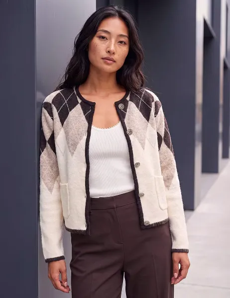 Roman Petite Argyle Knitted Button Front Cardigan Natural Mix